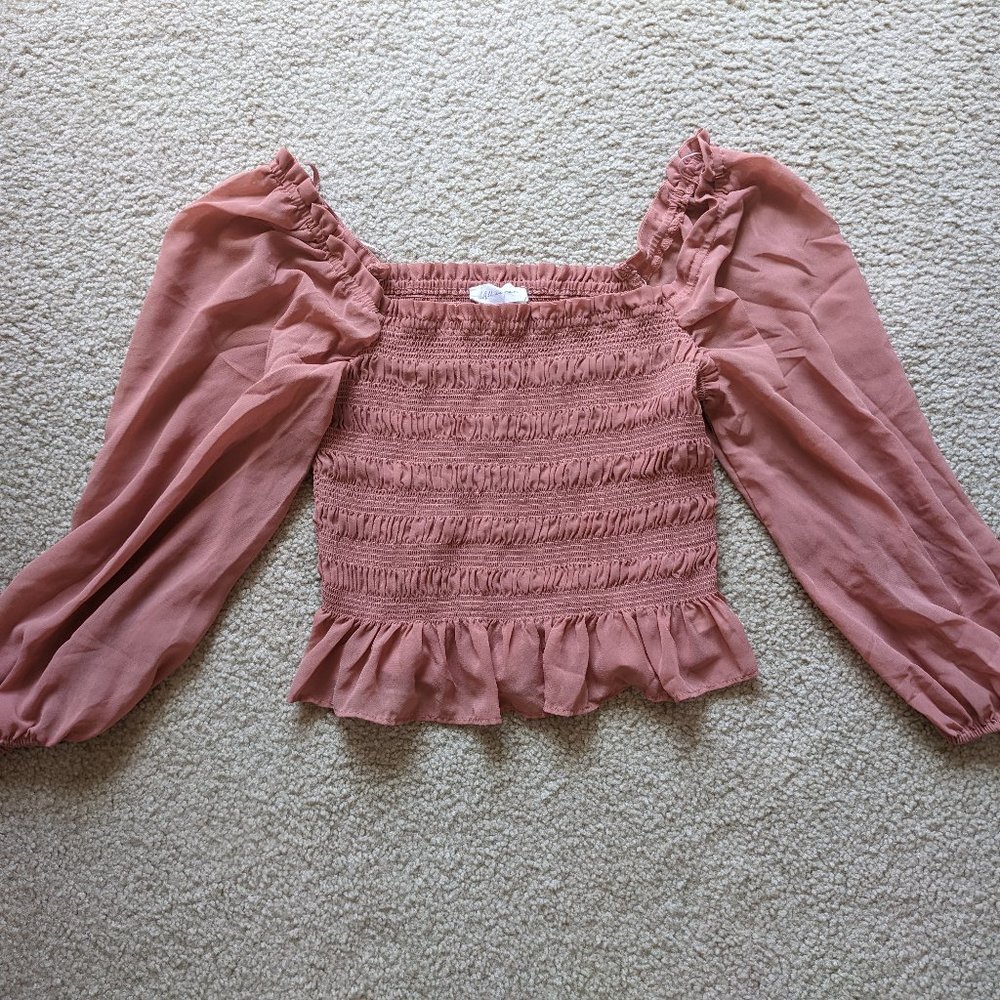 All in Favor Pink Salmon Terracotta Off the Shoulder Smocked Long Sleeve…